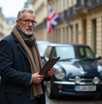 Dédouaner une voiture anglaise en France : démarches et conseils pratiques Homme français examinant une voiture britannique devant une préfecture