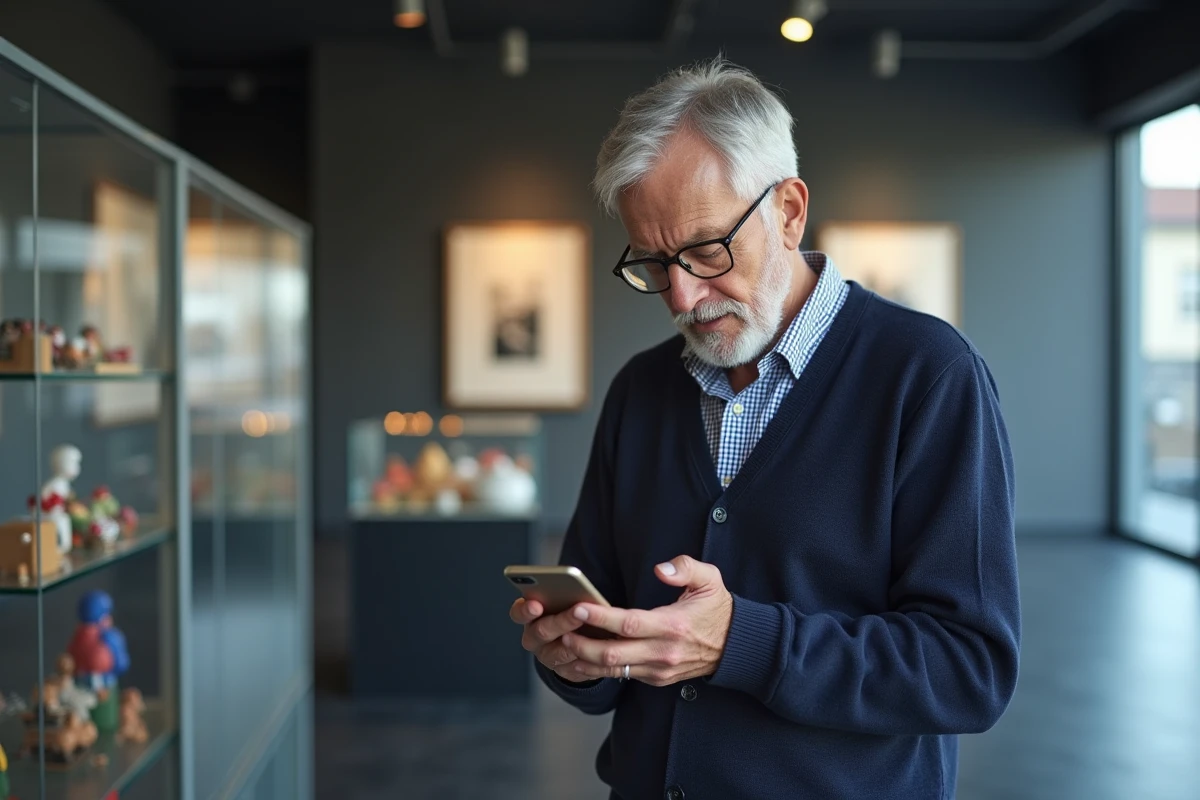 Homme d age dans une galerie d art moderne avec smartphone