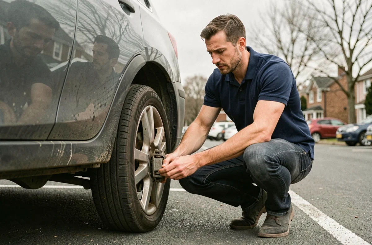 Homme inspectant les freins et le pneu avant d'une voiture dans un parking, initiation aux pièces automobiles
