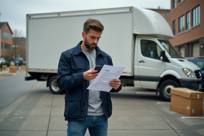 homme-location-voiture-urbain Homme comparant contrat de location devant camion en ville