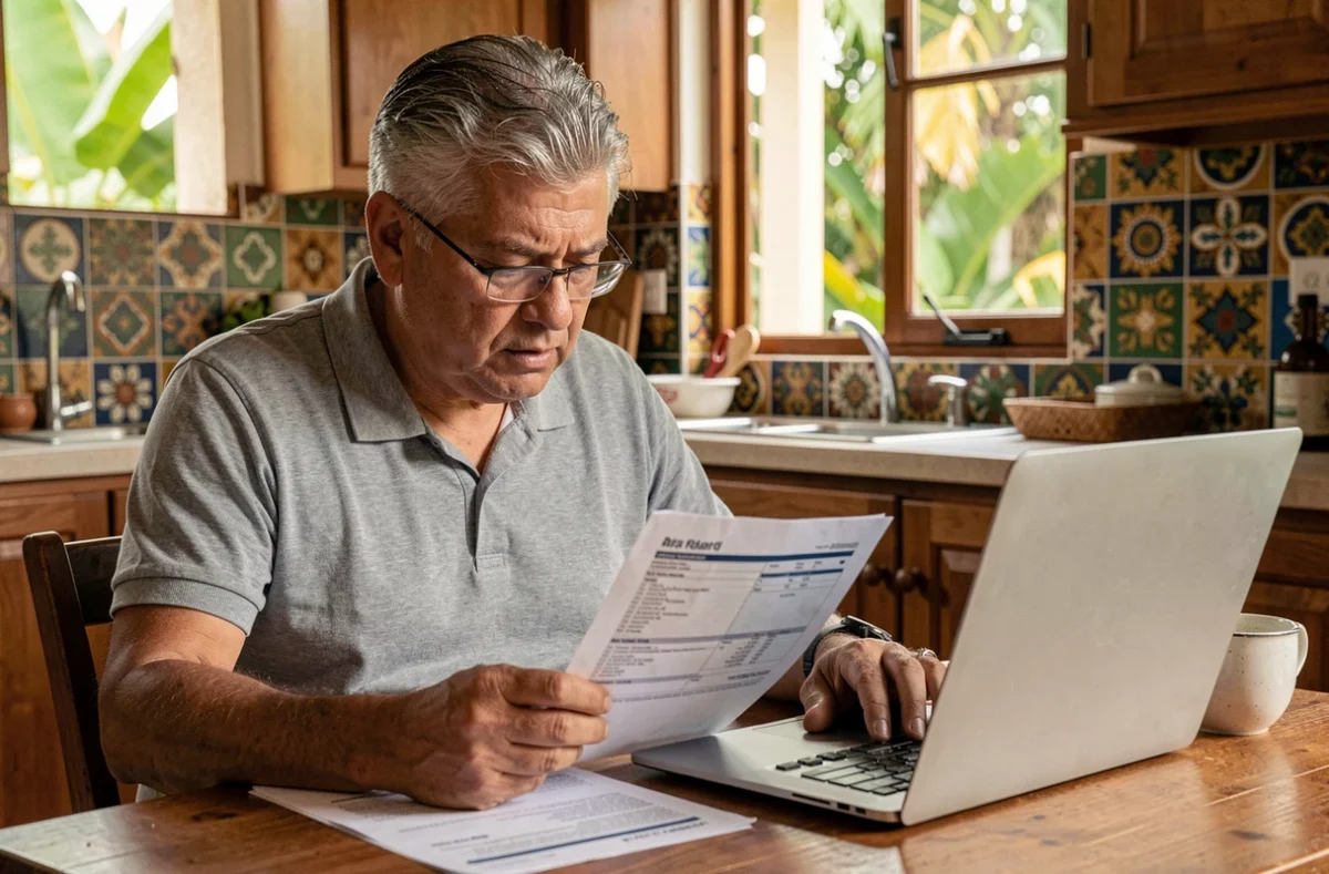 Homme d'âge mûr à La Réunion étudiant et comparant des devis d'assurance auto imprimés à côté de son ordinateur portable