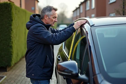 Homme en windbreaker mesure le toit d'une Peugeot 3008