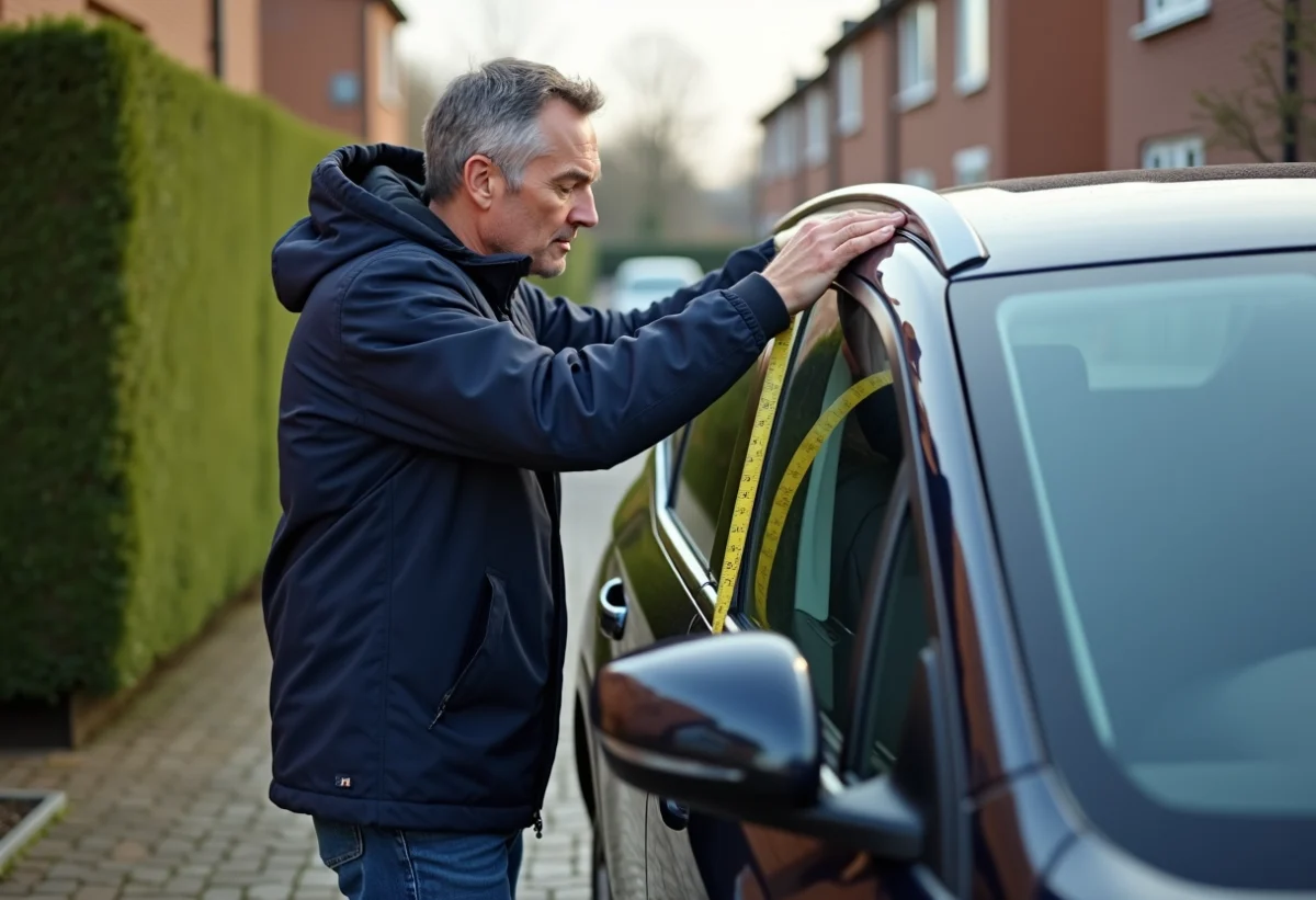 Homme en windbreaker mesure le toit d'une Peugeot 3008