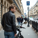 Homme d'âge moyen vérifiant sa moto à Paris