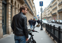 Homme d'âge moyen vérifiant sa moto à Paris