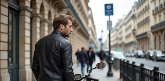 Homme d'âge moyen vérifiant sa moto à Paris