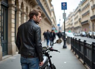 Garer sa moto sur le trottoir : règles et autorisations à connaître en France Homme d'âge moyen vérifiant sa moto à Paris