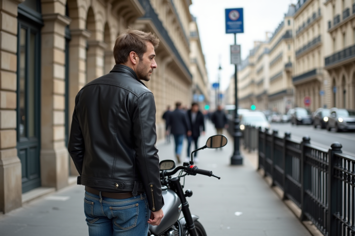 homme-moto-paris Homme d'âge moyen vérifiant sa moto à Paris