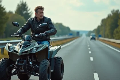 Homme en moto quad sur l'autoroute française contemplant un panneau