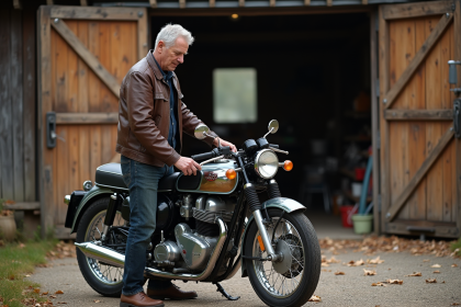 Homme d'âge moyen polissant une moto vintage 1970s en campagne