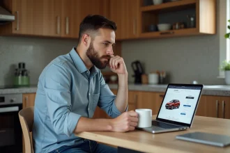 Homme curieux utilisant un ordinateur dans une cuisine moderne