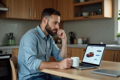 Homme curieux utilisant un ordinateur dans une cuisine moderne