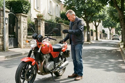 Homme de 45 ans examinant une moto 125cc rouge garée dans une rue résidentielle française, envisageant un achat avec permis B 1998