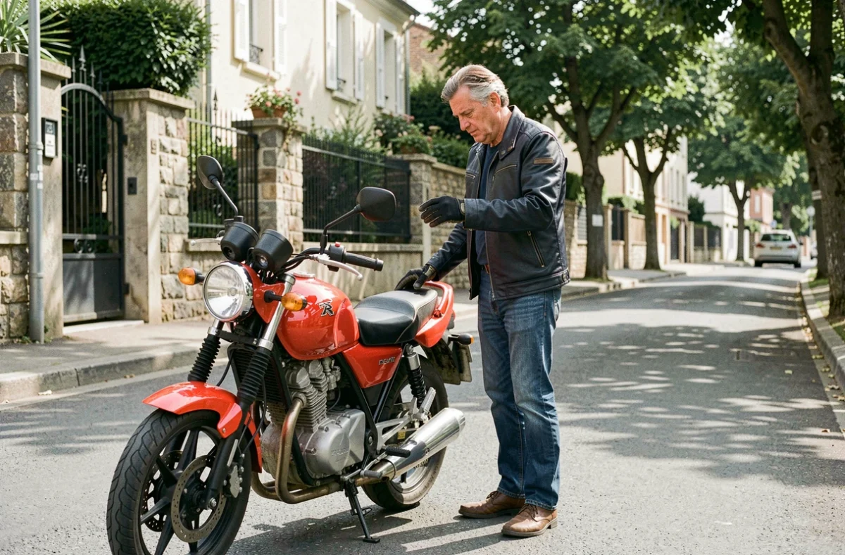 Homme de 45 ans examinant une moto 125cc rouge garée dans une rue résidentielle française, envisageant un achat avec permis B 1998
