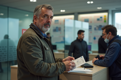 Homme d'âge moyen tenant un permis de conduire français dans un bureau officiel