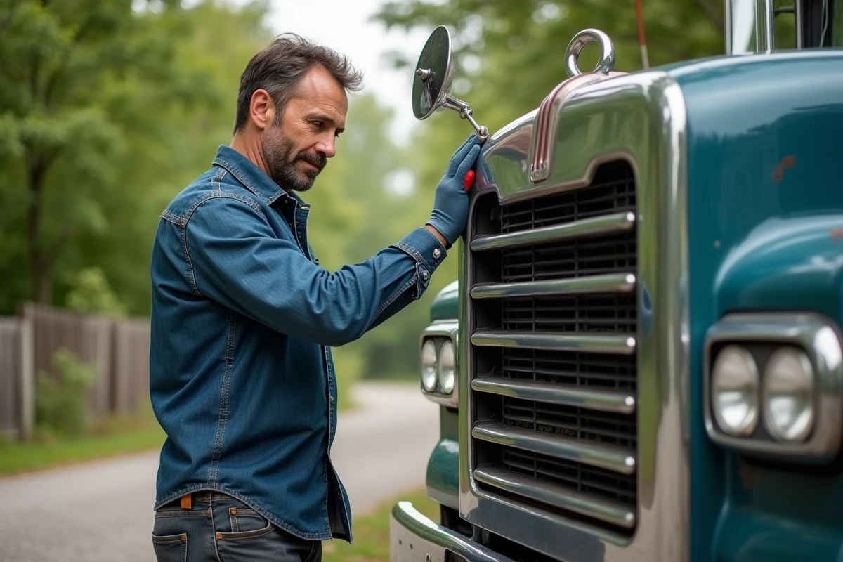 Homme d'âge moyen polissant la calandre d'un camion vintage