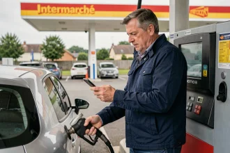 Homme consultant les prix carburant sur son smartphone à une pompe de station-service Intermarché