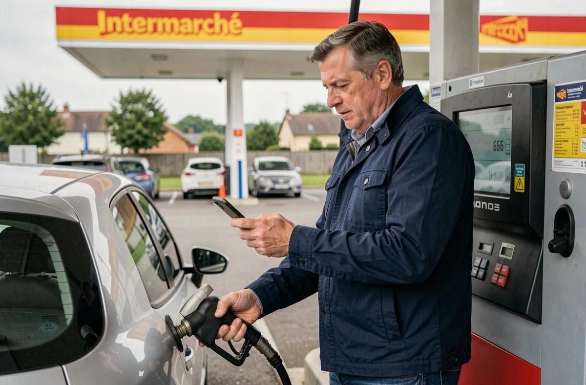 Homme consultant les prix carburant sur son smartphone à une pompe de station-service Intermarché