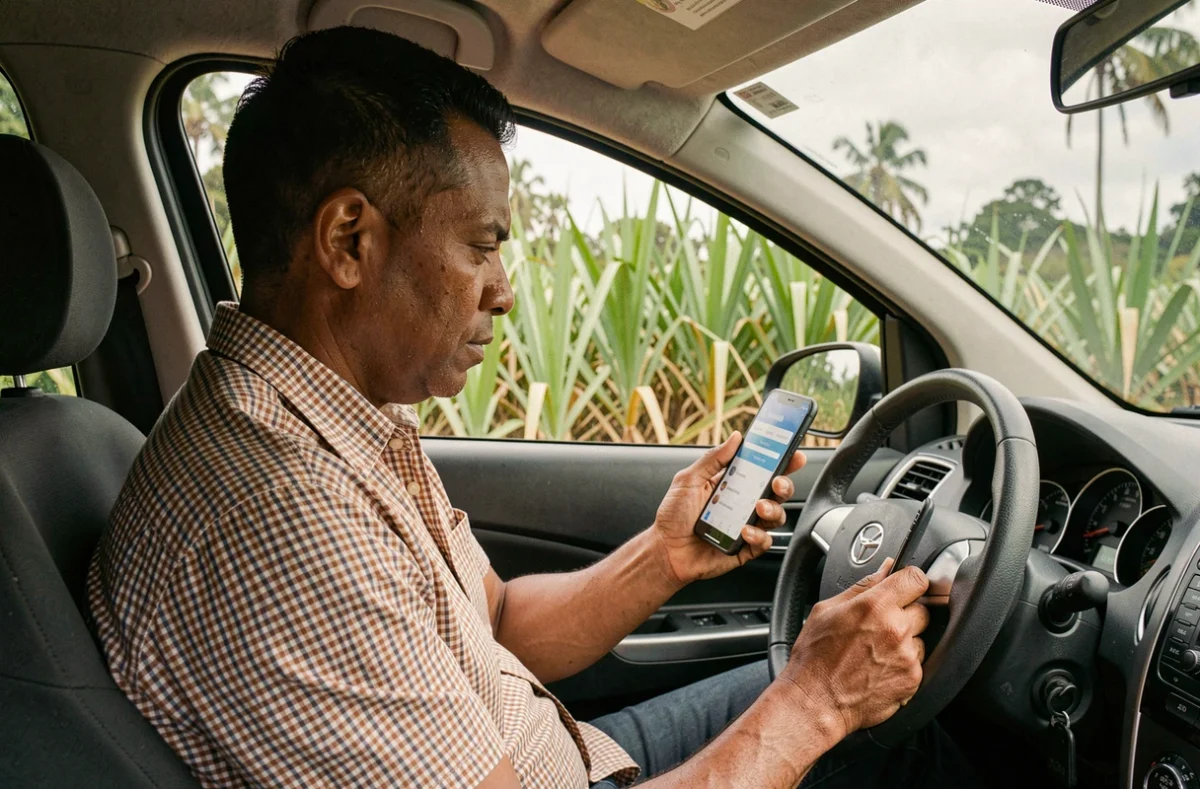 Homme réunionnais consultant une application de comparaison d'assurance auto sur son smartphone depuis sa voiture