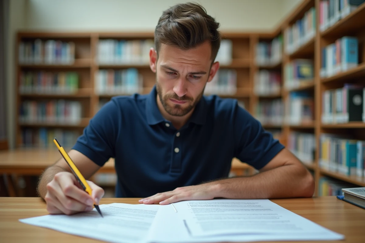 Homme concentré annotant un PDF de questions de code de la route 2026 dans une bibliothèque