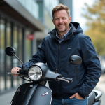Homme souriant avec scooter moderne en ville