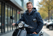 Homme souriant avec scooter moderne en ville