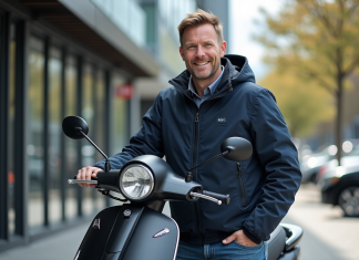 Homme souriant avec scooter moderne en ville
