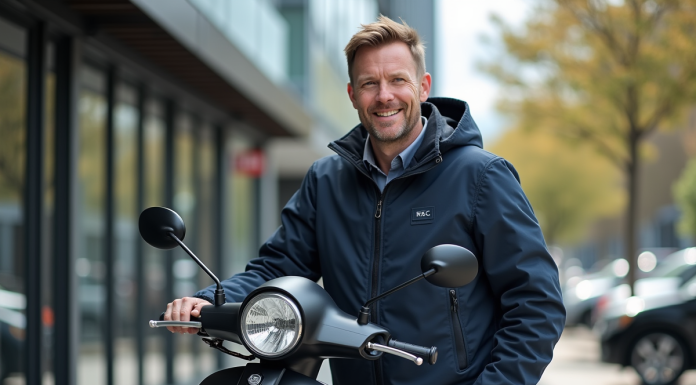 Homme souriant avec scooter moderne en ville