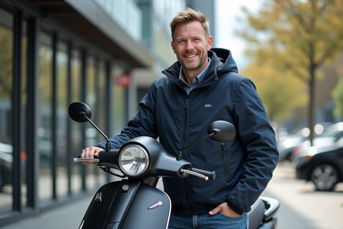 Homme souriant avec scooter moderne en ville