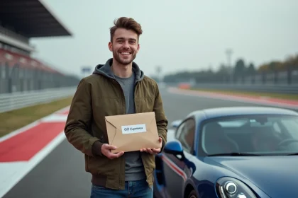 Jeune homme souriant avec enveloppe devant voiture sport