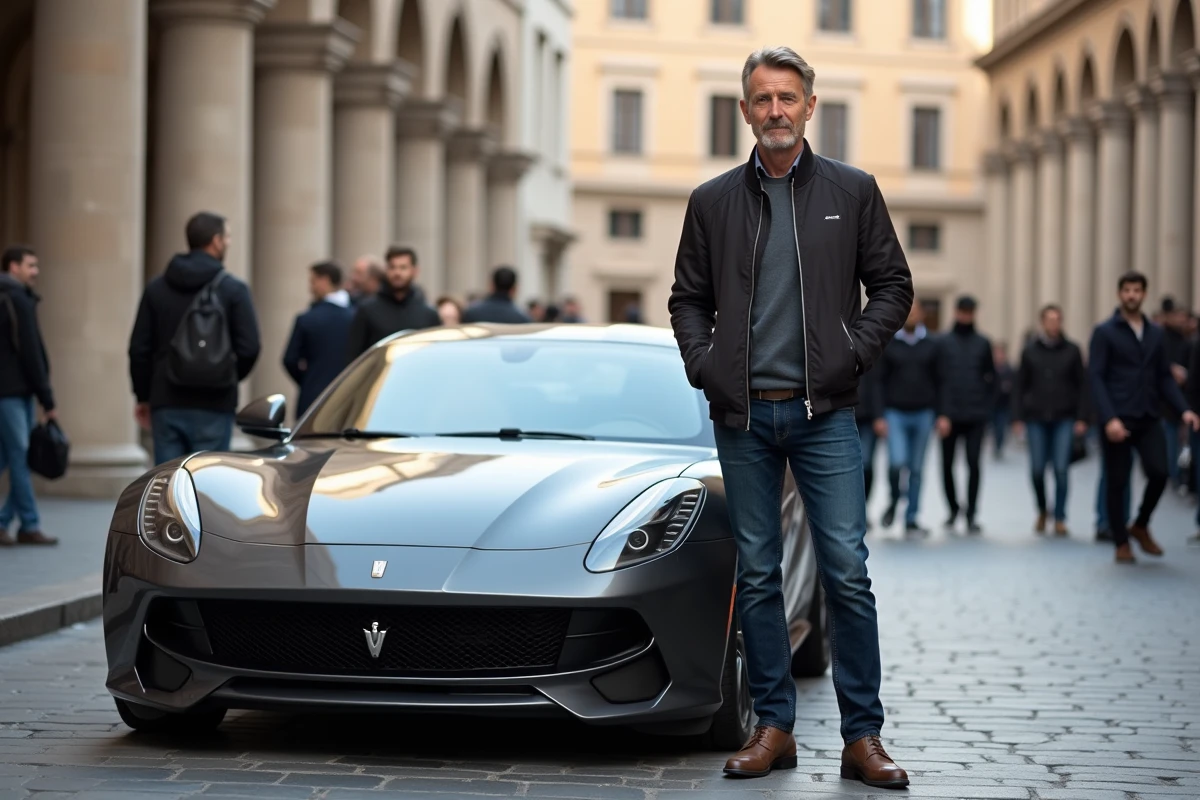 Homme confiant avec voiture sportive en ville