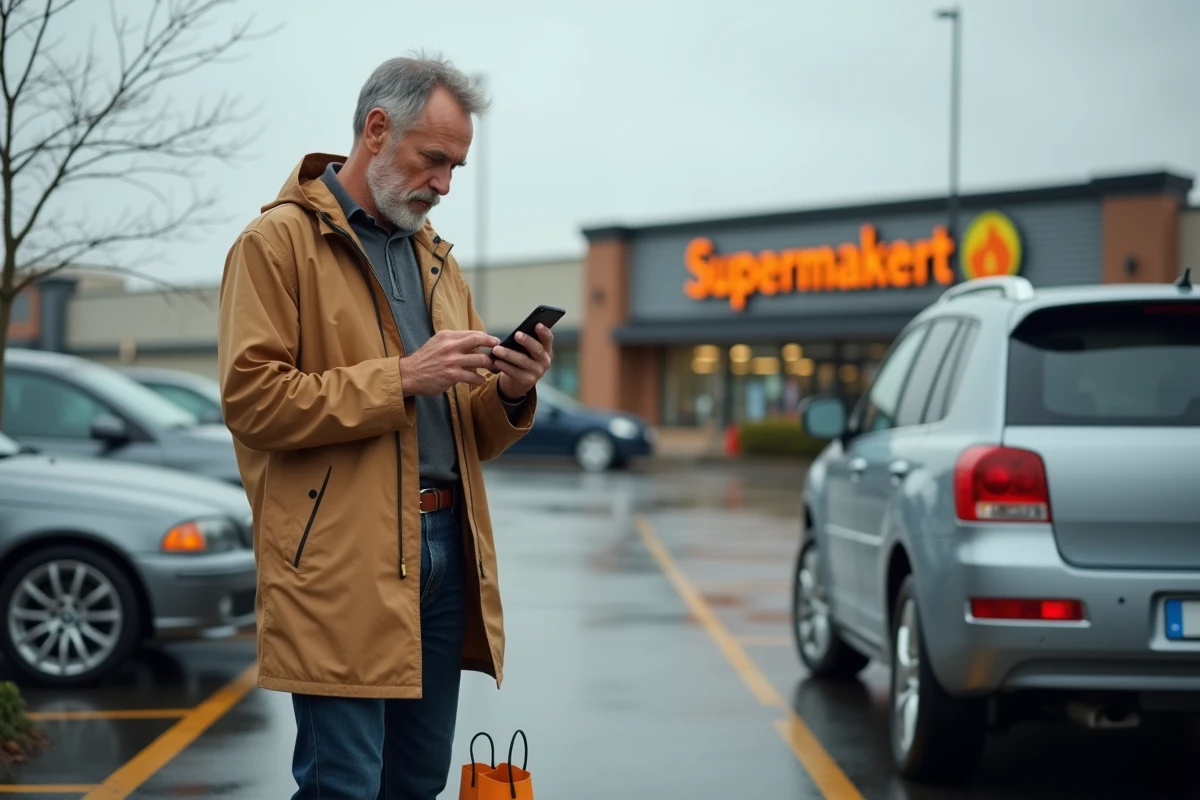Homme avec imperméable vérifiant une application de courses dehors