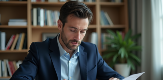 Homme concentré travaillant à son bureau à domicile