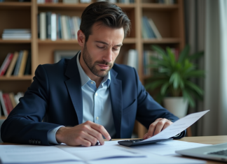 Homme concentré travaillant à son bureau à domicile