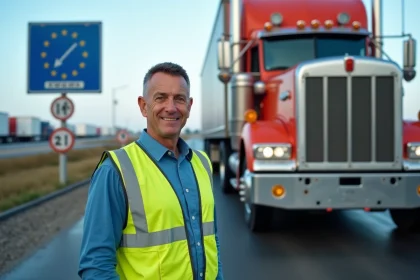 Homme avec gilet de sécurité près d'un camion Kenworth