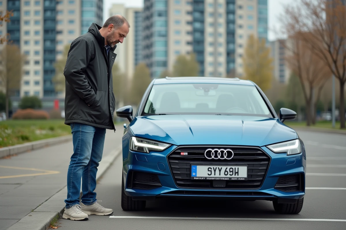 Homme ukrainien examine sa plaque d'immatriculation