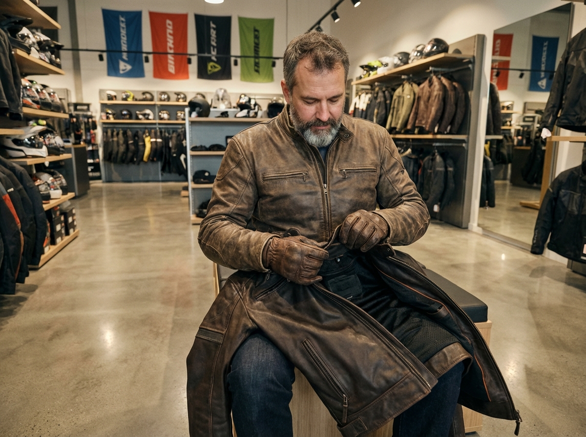 Homme vérifiant la veste en cuir dans un magasin de moto