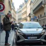 Homme d'âge moyen avec voiture hybride à Paris