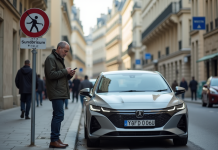 Homme d'âge moyen avec voiture hybride à Paris