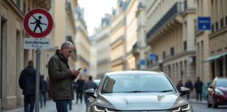 Homme d'âge moyen avec voiture hybride à Paris
