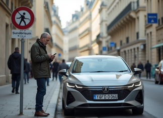 Homme d'âge moyen avec voiture hybride à Paris