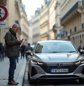 Homme d'âge moyen avec voiture hybride à Paris