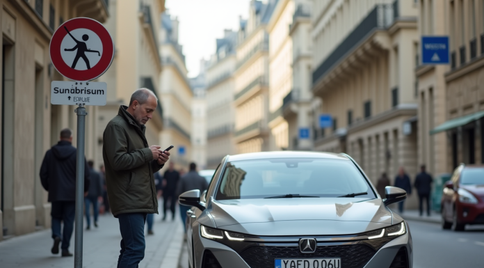 Homme d'âge moyen avec voiture hybride à Paris