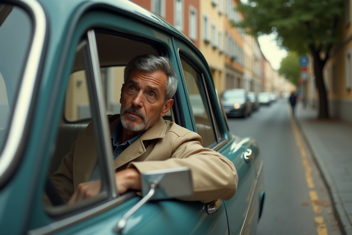 Homme d'âge moyen dans une voiture vintage Peugeot 403