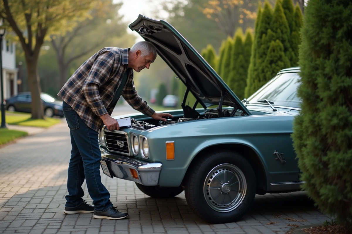 Homme d'âge moyen inspectant un moteur de voiture vintage