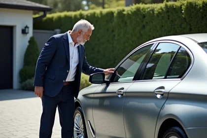 Homme en costume inspectant une BMW F10 argentée devant sa maison