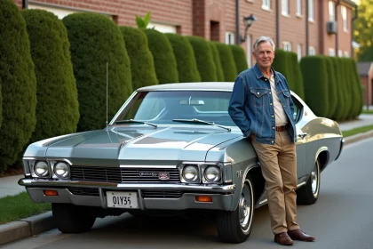 Homme dans la quarantaine appuyé contre une Chevrolet Impala 1967