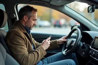 Homme d'âge moyen dans une voiture moderne avec une clécard