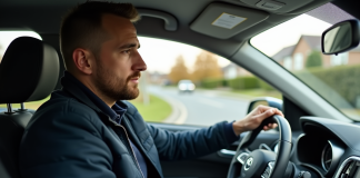Conduire une voiture non mienne : obligations, règles et responsabilités Homme en voiture compacte vérifiant le tableau de bord