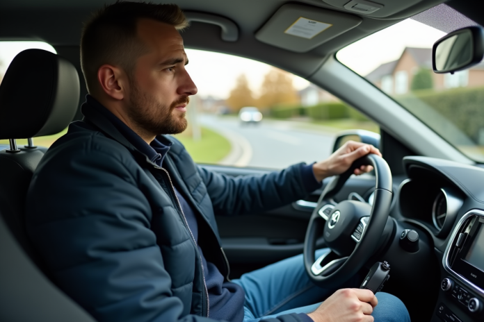 homme-voiture-compacte-residentiel Homme en voiture compacte vérifiant le tableau de bord